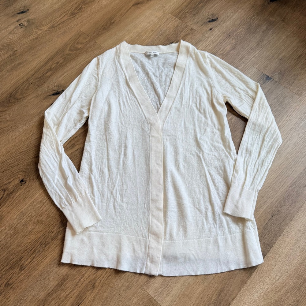 Rebecca Taylor 100% Wool Cream V-Neck Cardigan Lightweight Sweater Size XL